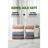 8 li Çizgili Geniş Aile Seti Beyaz Füme Kahve Pudra Mavi Pamuk El Yüz Banyo Seti 50x90 cm 70x140 cm