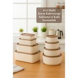 8 Li Multi Şık Saklama Kabı ve Kahvaltılık Sunum Seti - Krem Rengi - Kahverengi