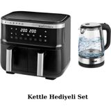 8 Lt Çift Hazneli Yağsız Airfryer Fritöz ve Cam Kettle Hediye Set - Ahşap