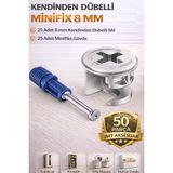 8 mm Kendinden Dübelli Minifix Gövde ve Mil Seti - Mobilya Bağlantı Elemanı (50 Parça)