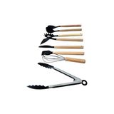8 Parça Premium Mutfak Seti, Ahşap Saplı ve Silikon Uçlu, Siyah, Kepçe, Spatula, Çırpıcı, Fırça, Maşa Dahil - 0,5 x 7 cm