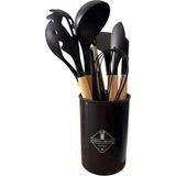 8 Parça Premium Mutfak Seti, Ahşap Saplı ve Silikon Uçlu, Siyah, Kepçe, Spatula, Çırpıcı, Fırça, Maşa Dahil