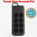 8 Prizli 4 Usb Girişli Akım Korumalı Topraklı Golyat Grup Şarj Fiş Priz 2 Metre Uzatma Kablosu