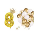 8 Rakam Gold Folyo Balon, Kral Tacı Ve Konfetili Gold Balon