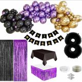 8 Yaş Siyah, Gold, Mor Balon, Siyah-Gold Doğum Günü Seti