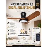 80 CM Akıllı Tavan Vantilatörü LED Aydınlatmalı | Kumandalı & Telefon Kontrollü, 6 Hız, 3 Işık Rengi, Yaz/Kış Modu, Sessiz Motor (Siyah Kiraz)
