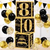 80. Doğum Günü Dekorasyon Kutuları Erkekler için - 3 ADET Siyah Altın Mutlu 80. Doğum Günü Balon Kutuları, Erkekler Kadınlar için 80 Yaşındaki Parti Malzemeleri