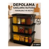 80 Lt Tekerlekli ve Kilitli Saklama Kutusu 3'lü Set Gıda Temasına Uygun Antrasit Depolama Kutusu - Siyah