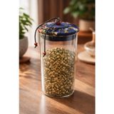800 ml Borosilikat Cam Hava Geçirmez Lacivert Kumaş Kaplama Bambu Kapaklı Kavanoz, çap:8 cm, h:21 cm