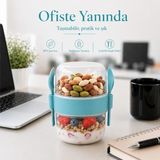 800 ml Granola Saklama Kabı Yoğurt Müsli Yulaf Kabı Çift Bölmeli Çatal Kaşık Dahil Sızdırmaz Sariva Home