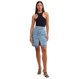 80548%100 Pamuk Yanları Cepli Midi Denim Etek-Mavi 36