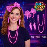 80’Ler 90’Lar Neon Pembe Parti Seti – Kolye Küpe Taç (5067)