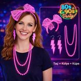 80’Ler 90’Lar Neon Pembe Parti Seti – Kolye Küpe Taç (5224)