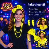 80’Ler 90’Lar Neon Sarı Parti Seti – Kolye Küpe Taç Mirsm0010k-Smrg138g139g140-S