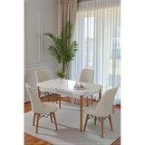 80x170CM Mutfak Masası Takımı | 4 Kişilik Açılır Masa Sandalye Takımı - Beyaz Masa- Krem