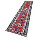 80x396 cm Vintage Herki Kırmızı Vintage Yün El Dokuma Modern Geometrik Etnik Eskitme Desenli Boho Oturma Odası Salon Yolluk Koridor Mutfak Halısı