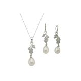 8,5 Mm Yaprak Taşlı Doğal İnci Sallantılı Küpe Kolye İkili Set