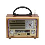 8898 LED Işıklı Taşınabilir Nostaljik Fm Radyo Saat Bluetooth Tf Kart USB Destekli Ahşap Kasa Radyo