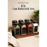 8'li Ahşap Standlı Cam Baharatlık Seti, Siyah Kapak ve Etiket, Minimal Tasarım - Seçenek 1