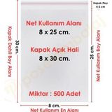 8x25+5 cm.(8x30) 500 Adet Şeffaf Bantlı Yapışkanlı OPP Poşet