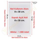 8x30+5 cm.(8x35) 1.000 Adet Şeffaf Bantlı Yapışkanlı OPP Poşet