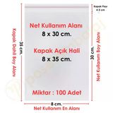 8X30+5 Cm. (8X35) 100 Adet - Şeffaf Bantlı Yapışkanlı Opp Jelatin Poşet