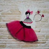 9-12-18 Ay Kalp Kız Nakışlı Taçlı Kısa Kollu Tütü Etek 3lü Kız Bebek Takımı - 9 Ay - Fuşya