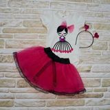 9-12-18 Ay Kalp Kız Nakışlı Taçlı Kısa Kollu Tütü Etek 3lü Kız Bebek Takımı Fuşya - 1 Yaş