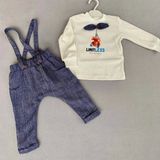 9-12-18 Ay Papyonlu Sweat Kot Pantolon 2li Erkek Bebek Salopet Takımı Lacivert - 9 Ay