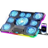 9 Fanlı Laptop Soğutucu, 2400 Rpm Ultra Güçlü Fan, 13-19 inç Laptoplar İle Uyumlu, 8 Kademe Yükseklik Ayarı, Lcd Ekranlı Tasarım, 10 Adet Rgb Işık Modu, Telefon Tutuculu Laptop Soğutucu Stand
