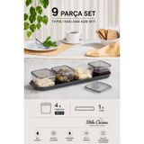 9 Parça Tepsili Kahvaltılık Saklama Kabı Seti – 4x300 ml Kare Kap, BPA İçermeyen Kapaklı (Antrasit4lüUzunKare)