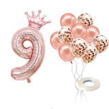 9 Rakam Rose Gold Folyo Balon, Kral Tacı Ve Konfetili Rose Gold Balon
