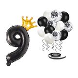 9 Rakam Siyah Folyo Balon, Kral Tacı Ve Konfetili Siyah Balon Set