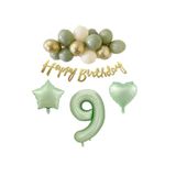 9 Yaş Happy Bırthday Yazılı Banner Su Yeşili Renk Rakam Kalp Yıldız Folyo ve Latex Balon Seti