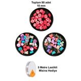 90 Adet 10 Mm Polimer Kil Fimo Boncuk Takı Bileklik + 5 Metre Misina Hediye - Karışık - Bayrak - Ayıcık