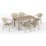 90 x 150 Bambu Plastik Rattan Camsız Bahçe Balkon Teras Masa Sandalye Takımı 6 Kolçaklı Sandalyeli (Krem)