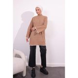 9045 Çoban Dikiş Detaylı Triko Tunik - Camel - Standart
