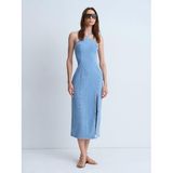 90580 Boyundan Bağlamalı Midi Denim Elbise-Mavi 40