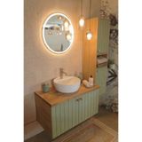 90cm-Led Aynalı Banyo Dolabı Seti - Boy Dolaplı-Lavabolu-Doğal Ahşap & 4 Kat Cilalı Lake (MONTAJLI)