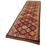 90x424 cm Vintage Herki Kırmızı Vintage Yün El Dokuma Modern Geometrik Etnik Eskitme Desenli Boho Oturma Odası Salon Yolluk Koridor Mutfak Halısı