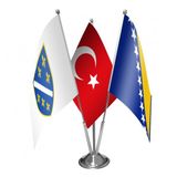 92-98 Bosnia ve Yeni Bosna Herksek Bayrakları - Türkiye Bayrağı Üçlü Saten Masa Bayrak Set