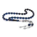 925 Ayar Gümüş Çift Püsküllü Arpa Kesim Süzme Mavi-Siyah Sıkma Kehribar Tesbih