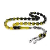 925 Ayar Gümüş Çift Püsküllü Arpa Kesim Süzme Sarı-Siyah Ateş Kehribar Tesbih