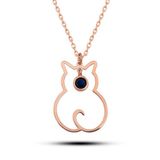925 Ayar Gümüş Eylül Ayı Doğum Taşı Safir Taşlı Kedi Kadın Kolye