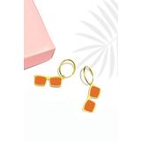 925 Ayar Gümüş Gold Kaplama Rüya Serisi, Turuncu Mineli Brooklyn Model Gözlük Küpe