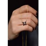 925 Ayar Gümüş Gold Kaplama Siyah Zirkon Taşlı Plumeria Kolye