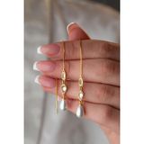 925 Ayar Gümüş Gold Sallantılı İncili 2 Element Zincir Küpe