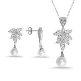 925 Ayar Gümüş İnci Sallantılı Yaprak Kolye Küpe Set