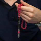 925 Ayar Gümüş Kazaz Püsküllü Arpa Kesim Kırmızı Ateş Kehribar Tesbih