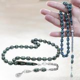 925 Ayar Gümüş Kral Zincir Püsküllü Gümüş-Firuze İşlemeli Erzurum Oltu Taşı Tesbih